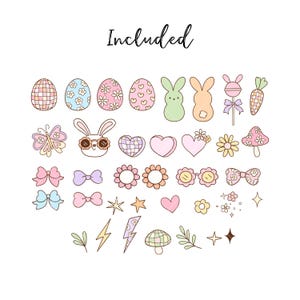 May include: A set of 28 Easter-themed digital clipart images. The images include bunnies, eggs, hearts, flowers, butterflies, bows, lightning bolts, stars, and more. The images are in pastel colors and have a cute, whimsical style.
