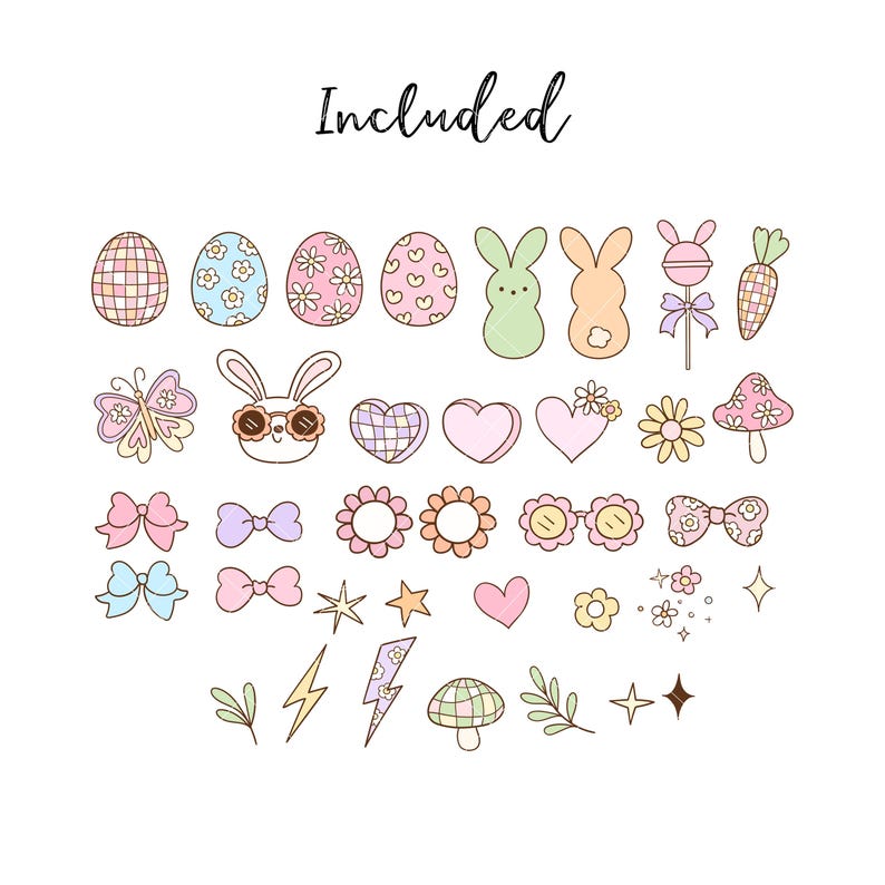 May include: A set of 28 Easter-themed digital clipart images. The images include bunnies, eggs, hearts, flowers, butterflies, bows, lightning bolts, stars, and more. The images are in pastel colors and have a cute, whimsical style.