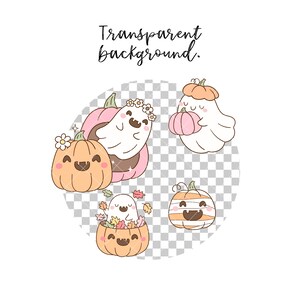 May include: A collection of cartoon pumpkins and ghosts in a circle. The pumpkins are orange and the ghosts are white. One ghost is inside a pink pumpkin, and another is in a pumpkin filled with leaves. The text "Transparent background" is at the top.