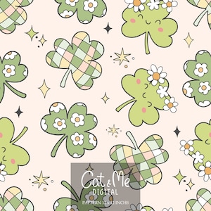 May include: A seamless pattern featuring green shamrock leaves with various designs. Some leaves have a plaid pattern, some have white flowers, and some have a cute cartoon face. The background is a light pink color with small white stars.