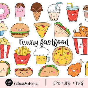 Funny fast food Food clipart Junk food clipart Party food Friendship clipart Hot dog Ice cream Fries Hamburger Taco Cookie Food sticker png