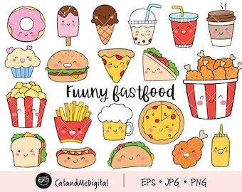 Funny fast food Food clipart Junk food clipart Party food Friendship clipart Hot dog Ice cream Fries Hamburger Taco Cookie Food sticker png