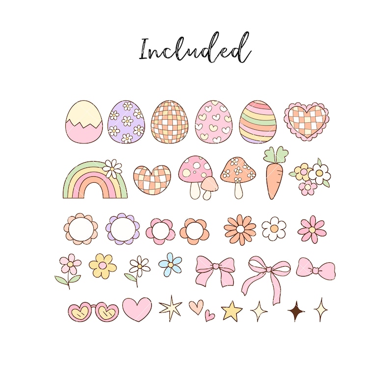 May include: A set of Easter-themed digital clipart featuring a rainbow, mushrooms, flowers, hearts, eggs, bows, stars, and sunglasses. The clipart is in pastel colors and has a cute, whimsical style.