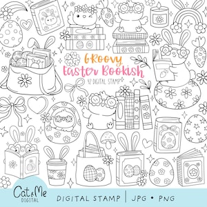 May include: A set of 42 black and white digital stamps featuring Easter-themed illustrations of bunnies, chicks, eggs, books, and flowers. The text "Groovy Easter Bookish" is included in the image.