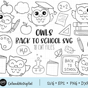 Volver a la escuela búhos svg Búhos clipart Graduado búho Búho contorno svg Doodle búho Escuela cortar archivo Libro Lápiz Manzana Silueta Cricut Png Dxf
