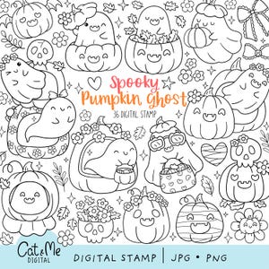 Può includere: Set di timbri digitali in bianco e nero con illustrazioni a tema Halloween. Il set include fantasmi sorridenti, zucche, fiori e un teschio. Il testo recita "Spooky Pumpkin Ghost" e "36 Digital Stamp".