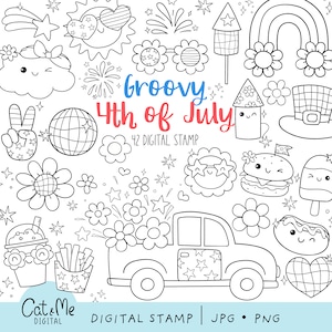 May include: A set of 42 black and white digital stamps featuring a variety of images related to the 4th of July holiday. The images include fireworks, stars, a peace sign, a disco ball, a car, a hamburger, an ice cream cone, a hot dog, a flower, a cloud, sunglasses, a hat, a rainbow, and a firecracker. The text "Groovy 4th of July" is written in a decorative font.