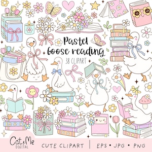 May include: A set of 38 pastel-coloured clipart images featuring cute cartoon geese reading books. The images include various poses of geese, stacks of books, flowers, and other decorative elements. The text "Pastel Goose Reading 38 CLIPART" is included in the image.