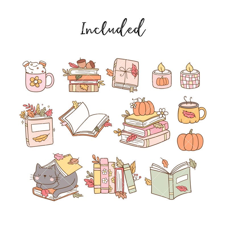 May include: A set of 11 digital illustrations featuring autumnal themes, including books, candles, pumpkins, and a cat. The illustrations are in a cartoon style with warm colors and a cozy feel. The text "Included" is at the top of the image.