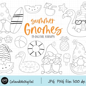Summer gnome digital stamp Beach gnomes clipart Summer line art Beach gnome Gnome outline Summer digital stamp Coloring page clipart