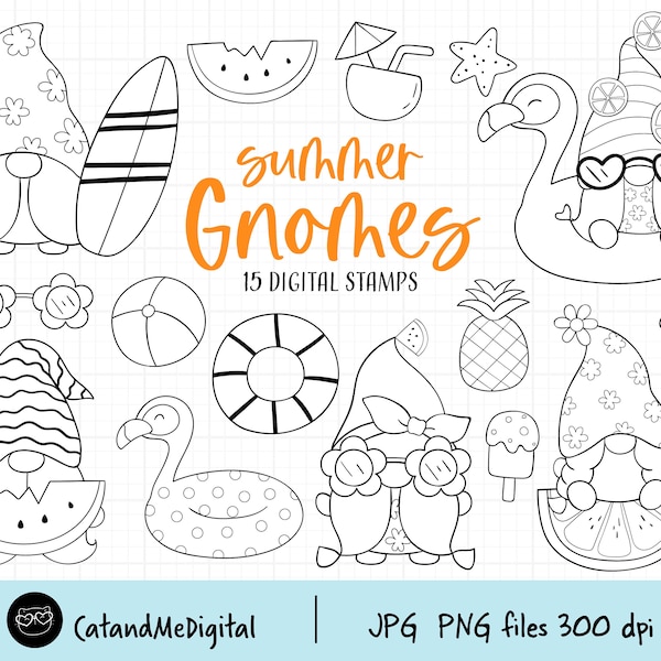 Summer gnome digital stamp Beach gnomes clipart Summer line art Beach gnome Gnome outline Summer digital stamp Coloring page clipart