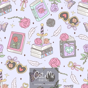 May include: A whimsical pattern featuring books, roses, butterflies, keys, and a sword on a light purple background. The books have heart and rose designs. The text "Cat & Me DIGITAL" and "PATTERN 12 x 12 INCHS" are visible.