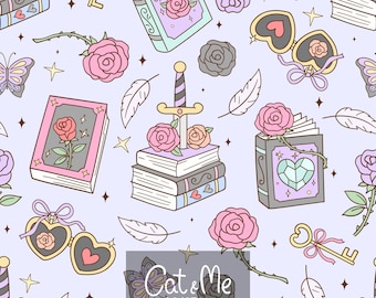 Peut inclure: Motif fantaisiste avec des livres, des roses, des papillons, des clés et une épée sur fond violet clair. Les livres présentent des motifs de cœurs et de roses. Le texte "Cat & Me DIGITAL" et "PATTERN 12 x 12 INCHS" sont visibles.