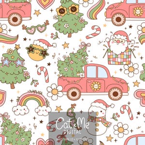 Groovy Retro Weihnachten nahtlose Muster Weihnachten wiederholendes Muster Trendige groovy Sublimation Weihnachtsmann Schneemann Baum Weihnachten digitales Papier