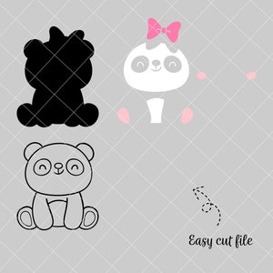 May include: Black and white line art illustration of a panda bear wearing a pink bow. The panda is sitting with its legs crossed and has a happy expression. The text "Easy cut file" is written below the panda.