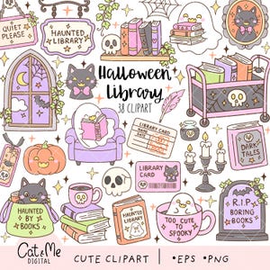 May include: A collection of Halloween-themed digital illustrations featuring ghosts, black cats, books, skulls, pumpkins, and library-related items. The set includes text elements like Haunted Library, Quiet Please, and Too Cute To Spooky.