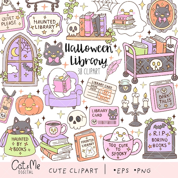 Halloween Library Clipart, Haunted Library PNG, Spooky Bookish,  Book Lover, Halloween Sticker, (Digital Download)