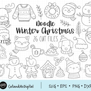 Doodle invierno svg Navidad svg Decoración navideña svg Doodle svg Animal svg Woodland svg Dibujado a mano svg Moose Penguin Snowman archivo de corte