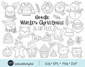 Doodle winter svg Christmas svg Christmas decoration svg Doodle svg Animal svg Woodland svg Hand drawn svg Moose Penguin Snowman cut file