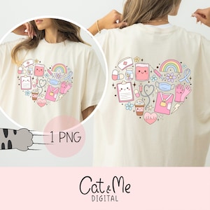 May include: A white t-shirt with a pink heart design featuring various medical and healthcare related illustrations. The design includes a rainbow, a syringe, a stethoscope, a coffee cup, a face mask, and a nurse's uniform. The text "1 PNG" is visible in the lower right corner of the image.