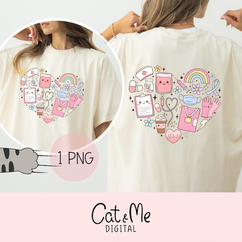 May include: A white t-shirt with a pink heart design featuring various medical and healthcare related illustrations. The design includes a rainbow, a syringe, a stethoscope, a coffee cup, a face mask, and a nurse's uniform. The text "1 PNG" is visible in the lower right corner of the image.
