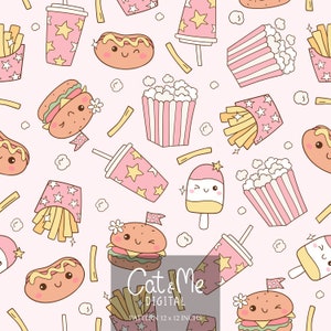May include: A seamless pattern featuring cute cartoon food items in pink and yellow on a light pink background. The pattern includes hot dogs, hamburgers, french fries, popcorn, ice cream, and soda. The text "Cat & Me Digital Pattern 12 x 12 inches" is at the bottom of the image.