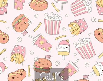 Doodle retro fast food pattern Groovy pink food seamless Carnival food repeating pattern sublimation Fries Hot Dog Burger digital paper