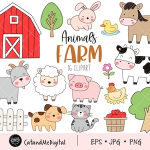 May include: A set of 16 cartoon animal illustrations for a farm theme. The illustrations include a red barn, a cow, a pig, a goat, a sheep, a horse, a chicken, a cat, a dog, a bunny rabbit, a tree, a fence, a flower, and a basket of apples. The illustrations are in a cute, simple style and are perfect for use in children's books, crafts, or other projects.