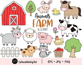 May include: A set of 16 cartoon animal illustrations for a farm theme. The illustrations include a red barn, a cow, a pig, a goat, a sheep, a horse, a chicken, a cat, a dog, a bunny rabbit, a tree, a fence, a flower, and a basket of apples. The illustrations are in a cute, simple style and are perfect for use in children's books, crafts, or other projects.