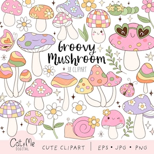 Groovy retro mushrooms clipart Flower power clipart Cottagecore clipart Disco mushroom png Magic fungus Daisy flower Positive vibes clipart