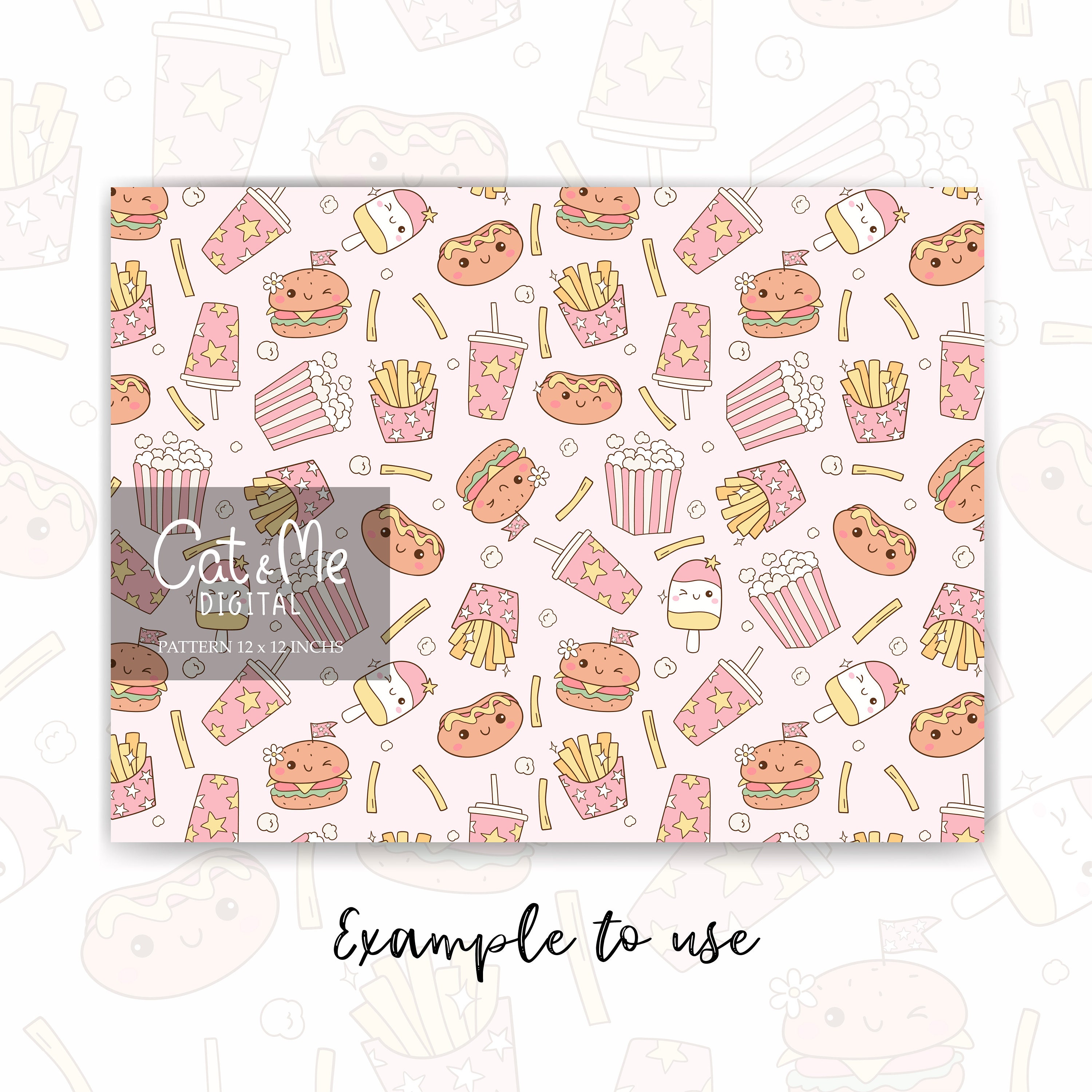 Doodle Retro Fast Food Pattern Groovy Pink Food Seamless Carnival 