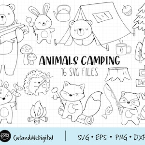 Animals camping svg Outline Woodland svg Summer camp svg Camping clip art Coloring svg clipart Bear Fox Deer Squirrel Raccoon Dxf cut file