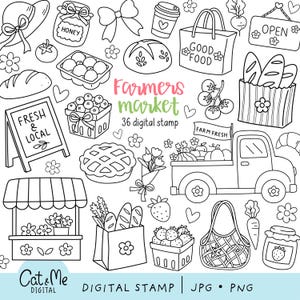 May include: A collection of black and white line art illustrations featuring farmers market themes, including a truck, produce, bread, signs with text reading Farmers market 36 digital stamp, Fresh & Local, Good Food, Farm Fresh, Honey, and Cat & Me Digital.