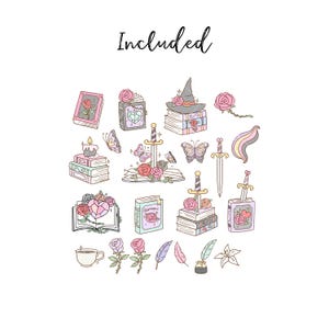 May include: A collection of whimsical illustrations featuring books, roses, butterflies, swords, and a witch's hat. The word "Included" is written in cursive at the top. The color palette includes pastel pinks, purples, and greens.