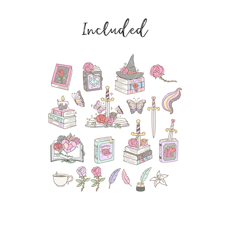 May include: A collection of whimsical illustrations featuring books, roses, butterflies, swords, and a witch's hat. The word "Included" is written in cursive at the top. The color palette includes pastel pinks, purples, and greens.