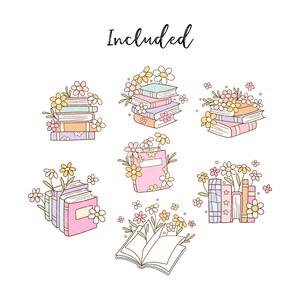 May include: Set of six illustrations featuring stacks of books with flowers. The illustrations are in a pastel color palette and feature a variety of book styles, including hardcovers, paperbacks, and a single open book. The text "Included" is at the top of the image.