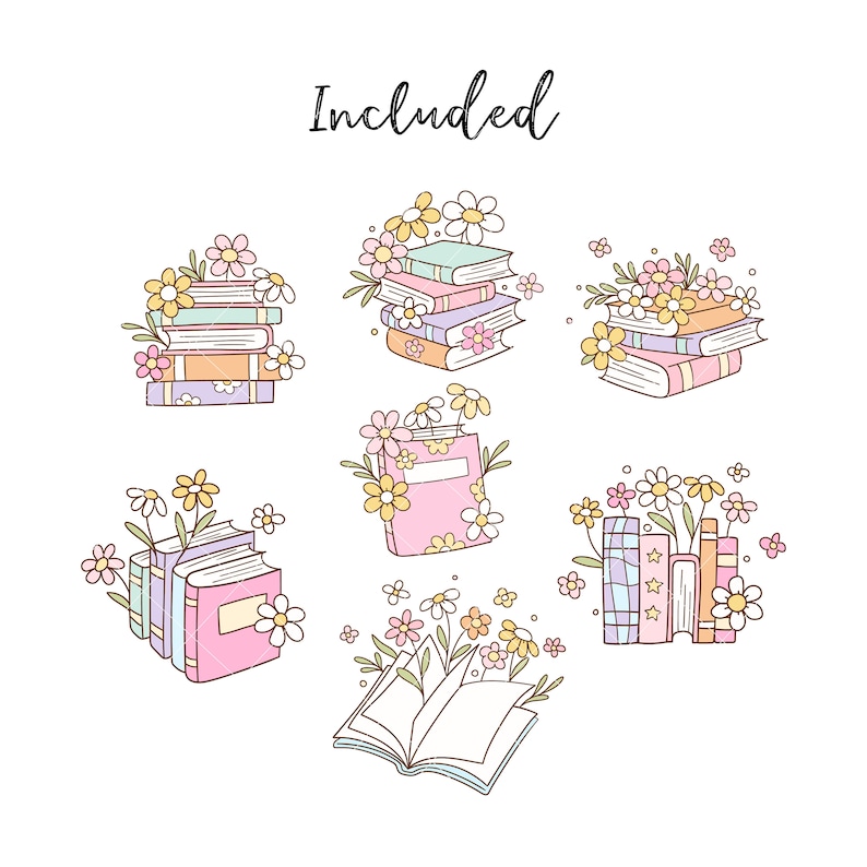 May include: Set of six illustrations featuring stacks of books with flowers. The illustrations are in a pastel color palette and feature a variety of book styles, including hardcovers, paperbacks, and a single open book. The text "Included" is at the top of the image.