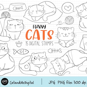 Funny cats digital stamp Outline coloring Cat png Kitten clipart Illustration cat Cat lover Printable cat Coloring clipart PNG JPG