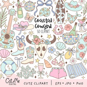 Coastal cowgirl clipart Pastel cowgirl png Western beach png Groovy summer aesthetic png Girls trip png Cowboy Hat Boots Shell Summer gift