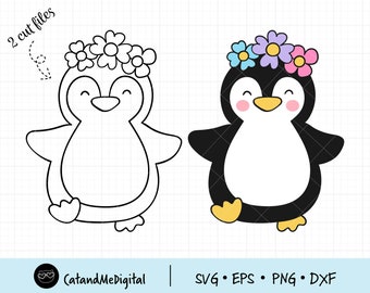 Penguin with flower svg Girl penguin svg Penguin flower crown svg Penguin spring svg Floral animal svg Kid T- shirt Animal cut files PNG DXF
