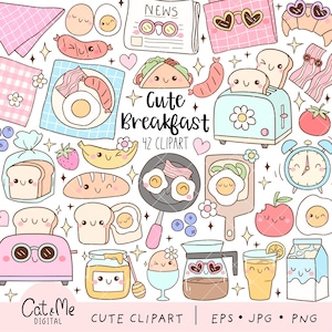 Lindo desayuno clipart Comida matutina maravillosa png Cocina acogedora pastel png Dibujos animados kawaii clipart Decoración de aula Leche Huevos Salchicha Tostada png