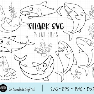 Cute shark svg Shark clipart Sea animal cut file Ocean animal Shark illustration Shark bundle svg Kids shirt Coral svg Doodle shark cricut