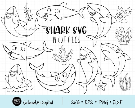 Cute shark svg Shark clipart Sea animal cut file Ocean animal Shark illustration Shark bundle svg Kids shirt Coral svg Doodle shark cricut