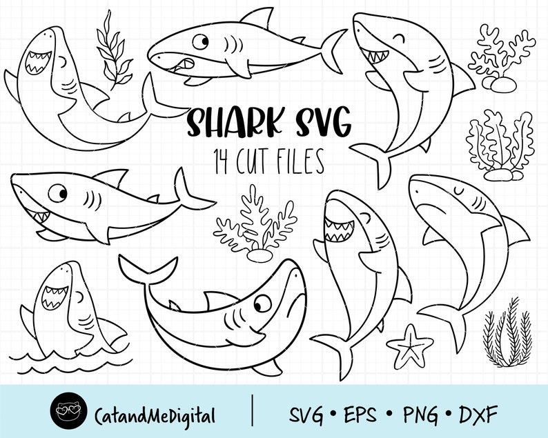 Pu&ograve; includere: Un set di 14 file di taglio SVG di squali in bianco e nero. Gli squali sono in varie pose, tra cui nuotare, saltare e sorridere. Il testo "SHARK SVG" e "14 CUT FILES" &egrave; incluso nell'immagine.