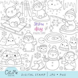 May include: Black and white digital stamps featuring winter-themed illustrations. Includes a bear on a sled, penguins, a snowman, an igloo, skis, and snowflakes. The text "Snow day" and "39 Digital Stamp" are also included.