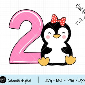 Pingüino cumpleaños svg Dos cumpleaños Svg Cumpleaños chica svg Número 2 svg Kid Camiseta Penguin Clipart Animal silueta cortar archivos PNG DXF