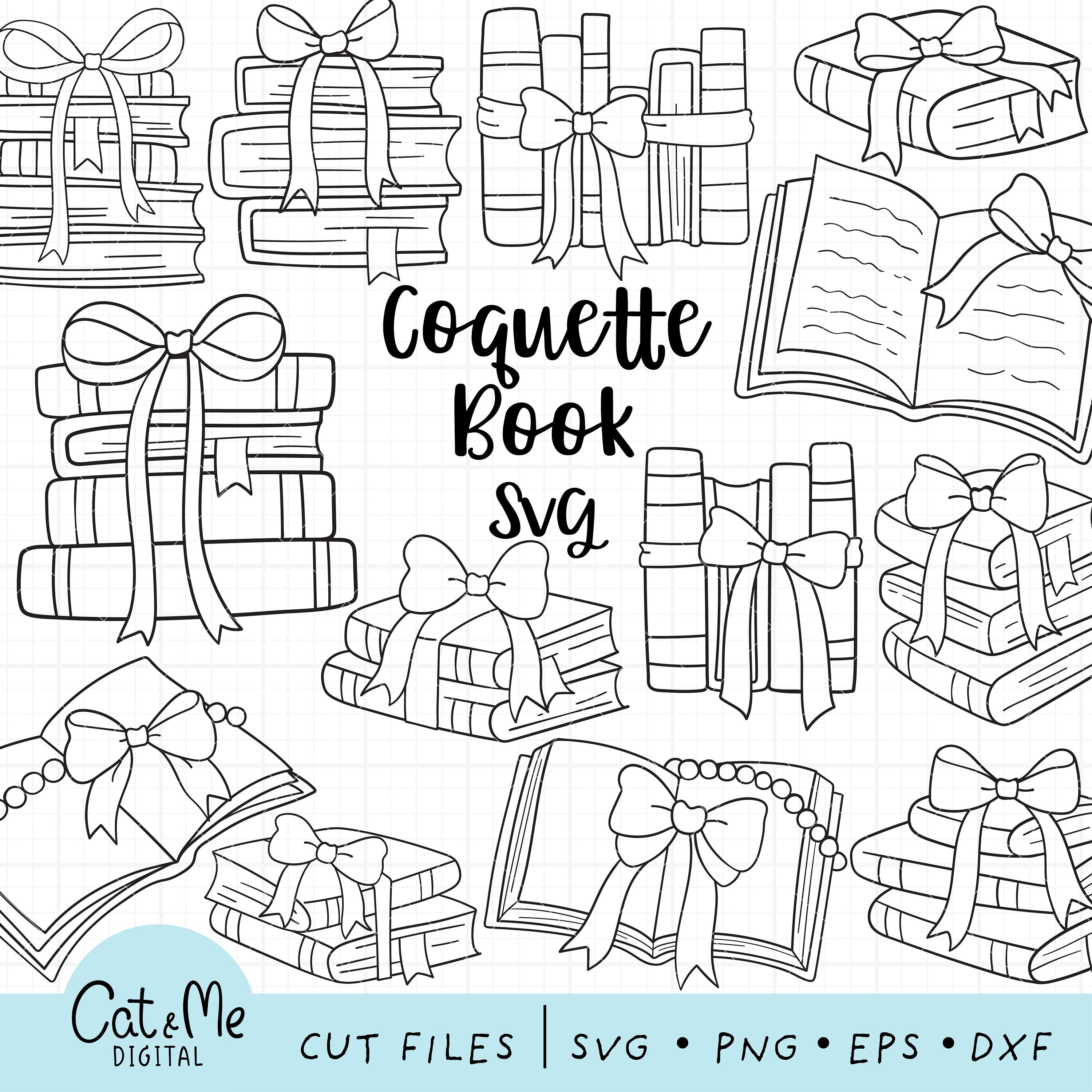 Doodle coquette books svg Booklover svg Outline vintage books svg Era girl svg Bookish cut file Coquette bow Book lover gift Coloring svg