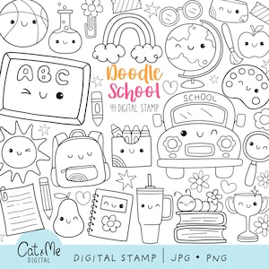 Doodle school digital stamp Outline school coloring Funny back to school coloring School bus Books Apple Pencil digistamp Coloring page