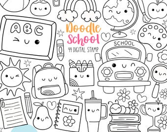 Carimbo digital escolar Doodle Esboço para colorir escola Engraçado para colorir de volta às aulas Ônibus escolar Livros Apple Pencil digistamp Página para colorir