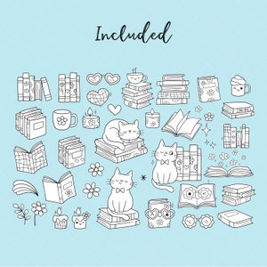 May include: Black and white line art illustration of a book-themed design with cats, books, candles, and other cute elements. The text "Included" is at the top of the image.